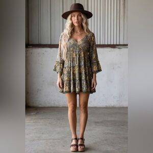 NWT Angie Clothing Boho Bell Sleeve Smocked Mini Dress